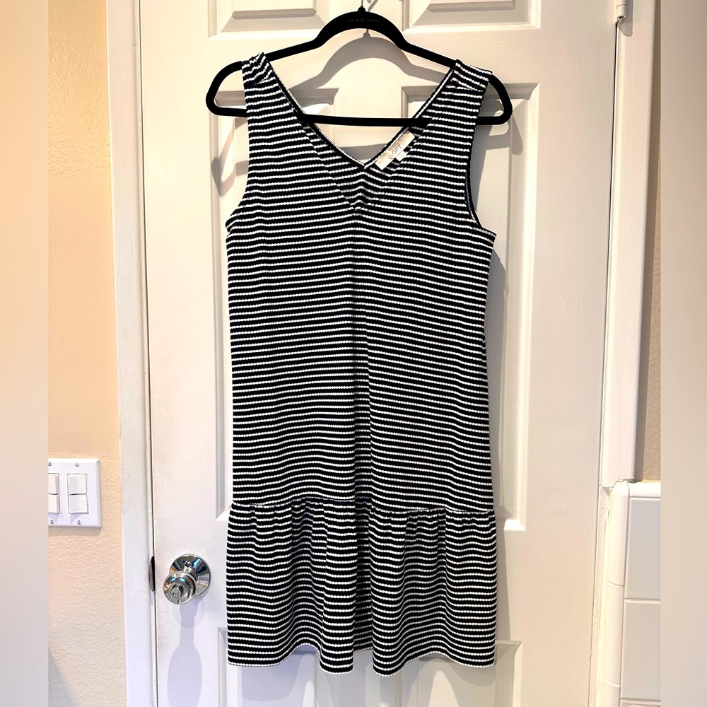 Loft black & white striped double-V neck sleeveless dress with ruffle - size S